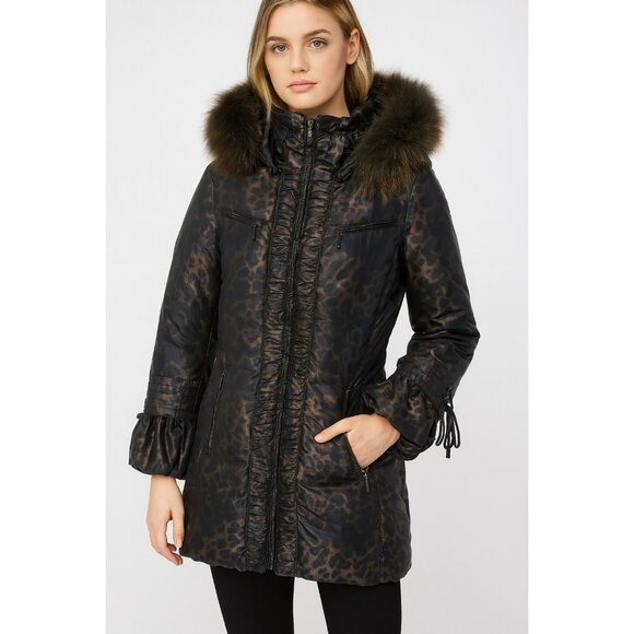 Marcona Vintage Womens Leopard Print Puffer Coat With Faux Fur Trim Hood Size M - Picture 1 of 12
